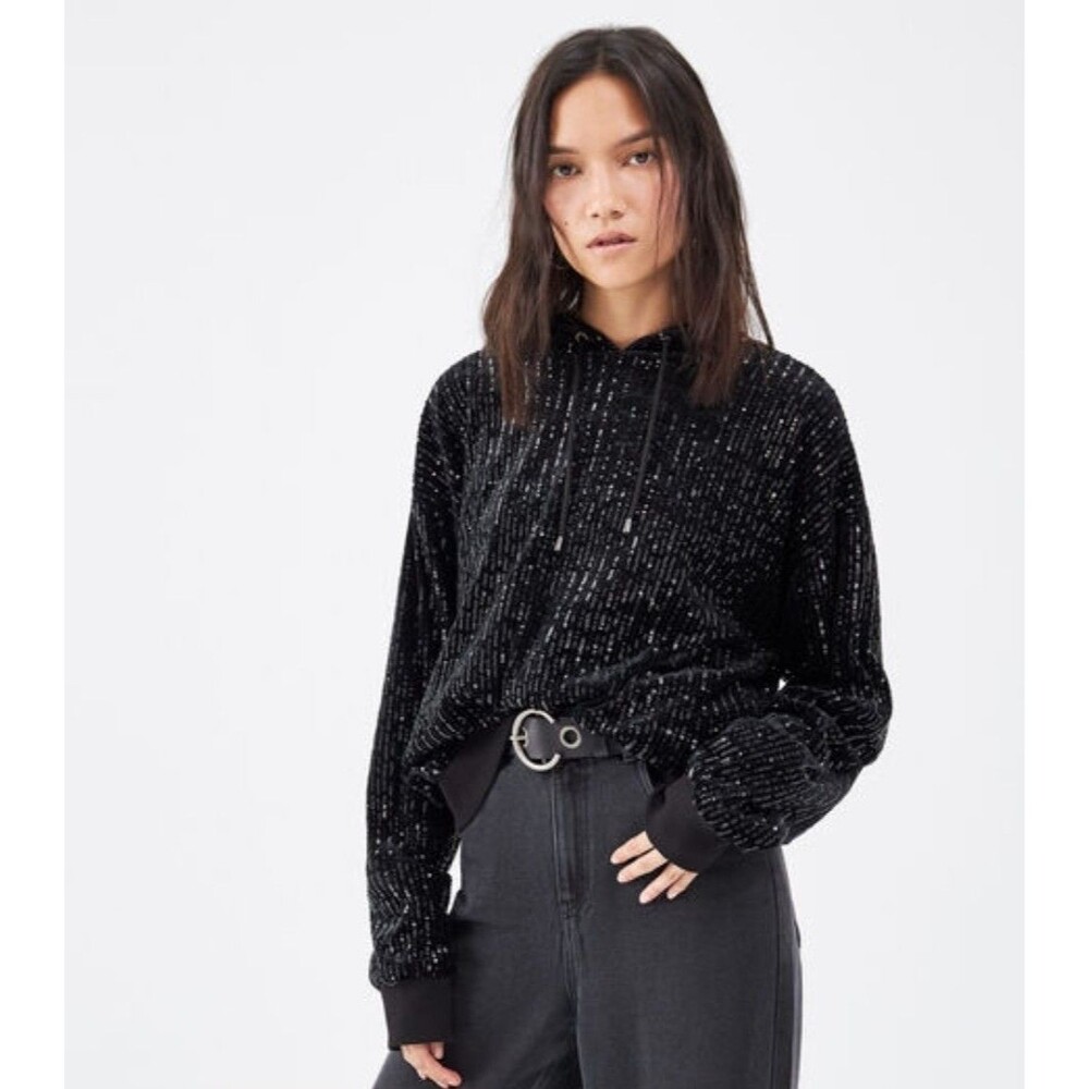 New Favori Black Sequin Pullover Hoodie Womens Sz Large Long Sleeve Gothic Rave